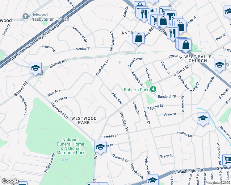map of restaurants, bars, coffee shops, grocery stores, and more near 7234 Allan Avenue in Falls Church