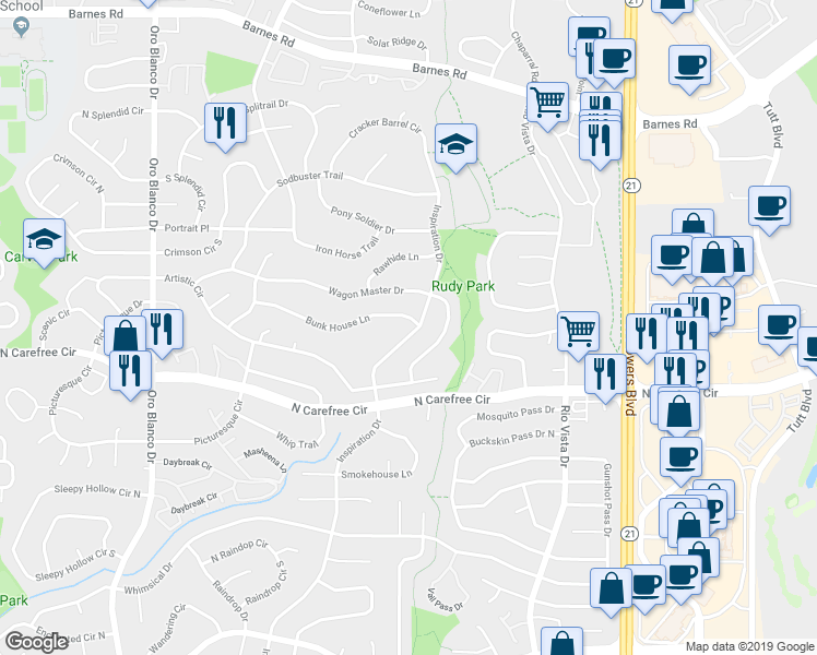 map of restaurants, bars, coffee shops, grocery stores, and more near 5355 Bunk House Ln in Colorado Springs