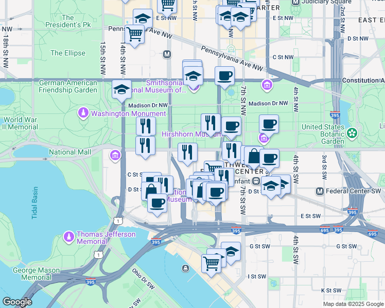 map of restaurants, bars, coffee shops, grocery stores, and more near 1000 Independence Avenue Southwest in Washington