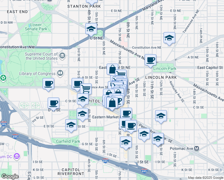 map of restaurants, bars, coffee shops, grocery stores, and more near 101 Independence Avenue Southeast in Washington