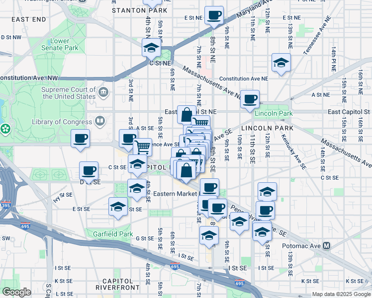 map of restaurants, bars, coffee shops, grocery stores, and more near 634 North Carolina Avenue Southeast in Washington