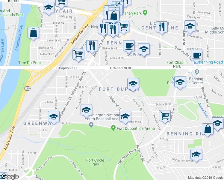 map of restaurants, bars, coffee shops, grocery stores, and more near 3945 Burns Place Southeast in Washington