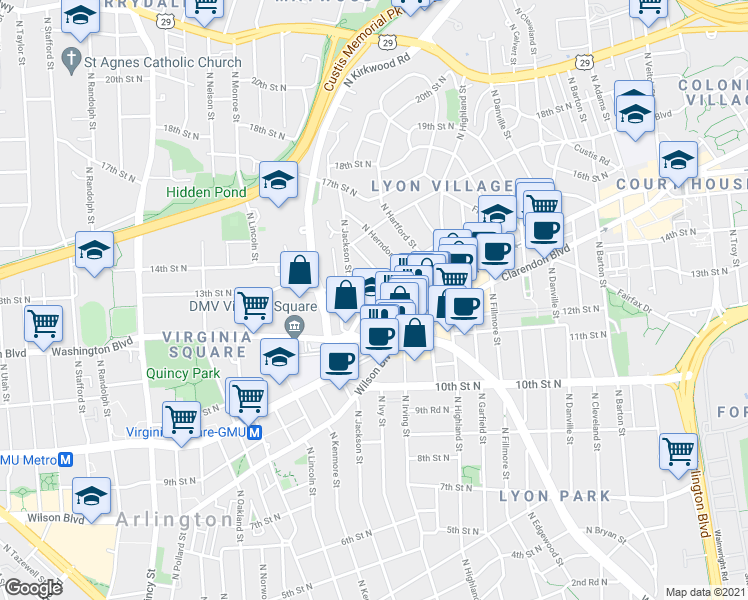map of restaurants, bars, coffee shops, grocery stores, and more near 13th St N & N Irving St in Arlington