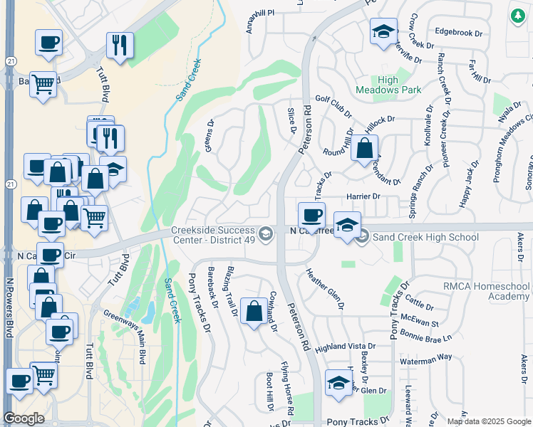 map of restaurants, bars, coffee shops, grocery stores, and more near 3731 Riviera Grove in Colorado Springs