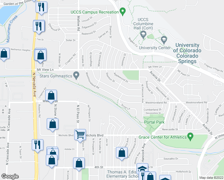 map of restaurants, bars, coffee shops, grocery stores, and more near 1045 Magnolia Street in Colorado Springs