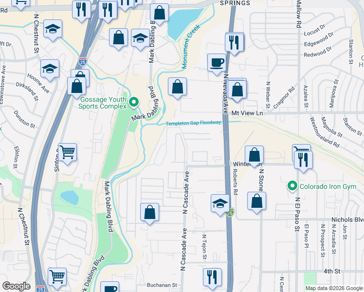 map of restaurants, bars, coffee shops, grocery stores, and more near 3750 North Cascade Avenue in Colorado Springs