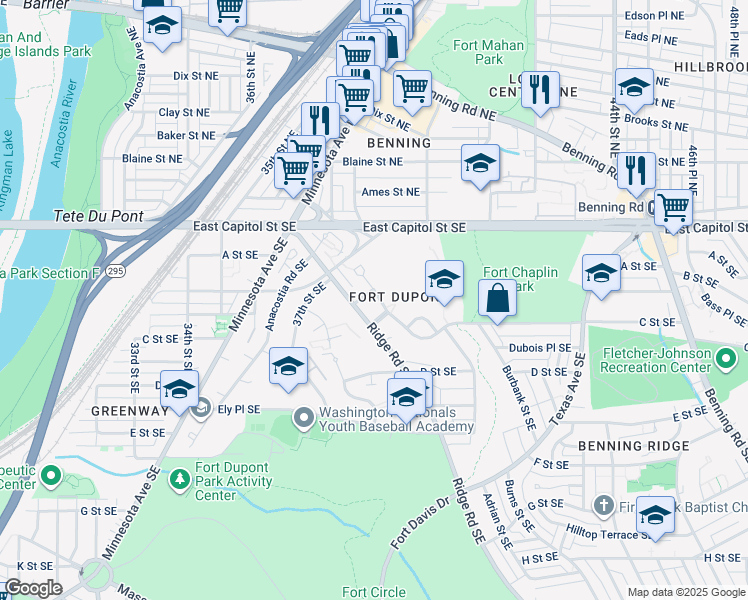 map of restaurants, bars, coffee shops, grocery stores, and more near 3945 Burns Place Southeast in Washington
