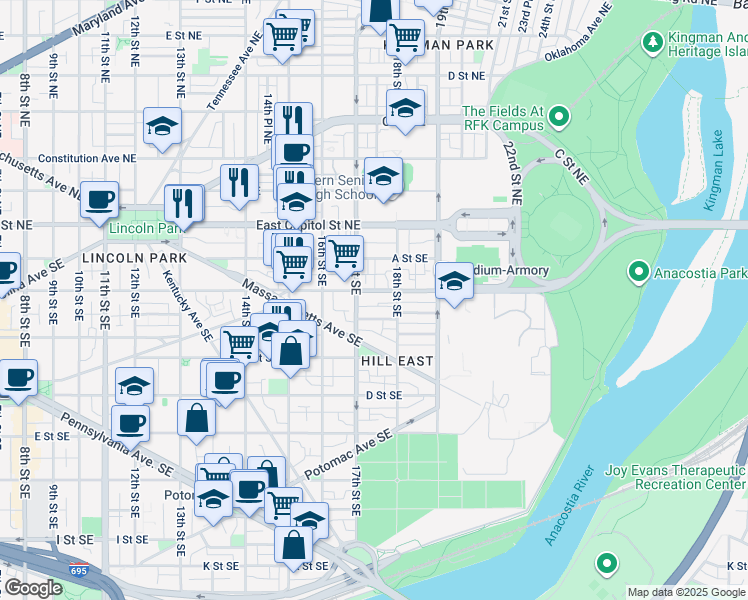 map of restaurants, bars, coffee shops, grocery stores, and more near 101 Independence Avenue Southeast in Washington