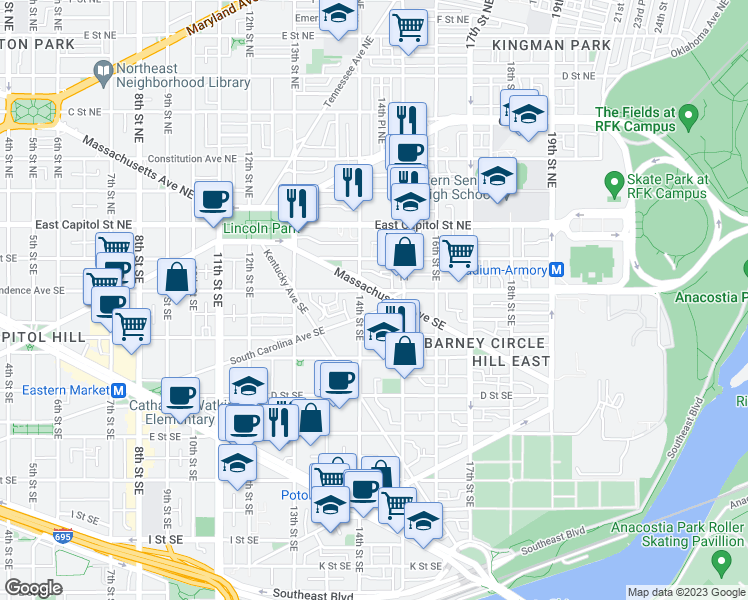 map of restaurants, bars, coffee shops, grocery stores, and more near 101 Independence Avenue Southeast in Washington