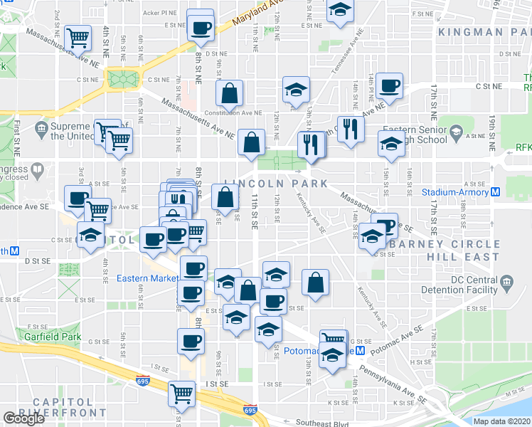 map of restaurants, bars, coffee shops, grocery stores, and more near 101 Independence Avenue Southeast in Washington