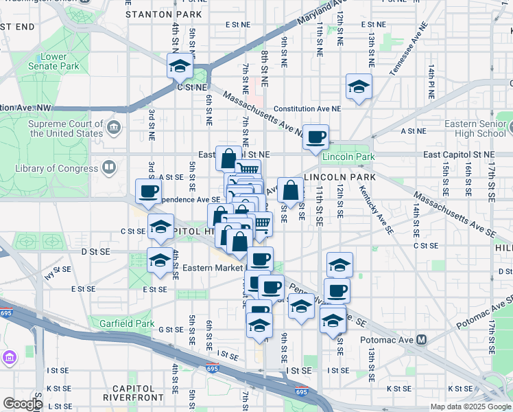 map of restaurants, bars, coffee shops, grocery stores, and more near 101 Independence Avenue Southeast in Washington