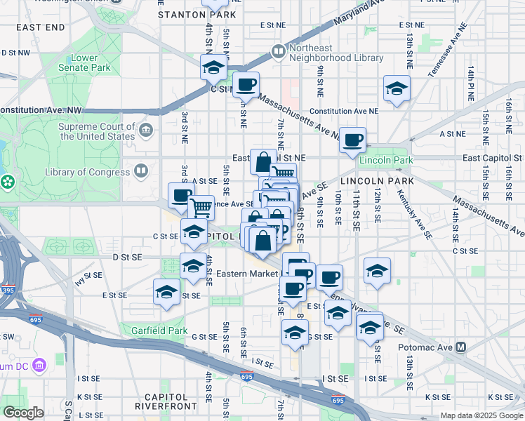 map of restaurants, bars, coffee shops, grocery stores, and more near 101 Independence Avenue Southeast in Washington