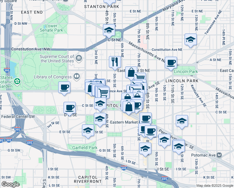 map of restaurants, bars, coffee shops, grocery stores, and more near 101 Independence Avenue Southeast in Washington