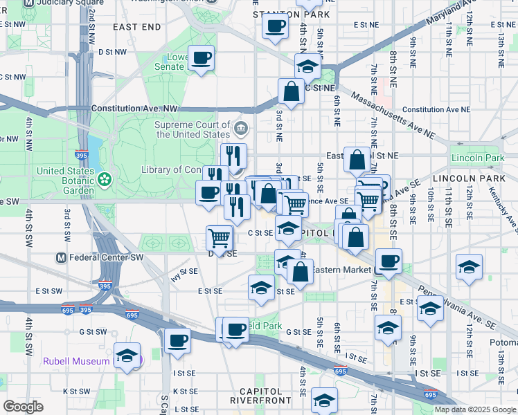 map of restaurants, bars, coffee shops, grocery stores, and more near 101 Independence Avenue Southeast in Washington