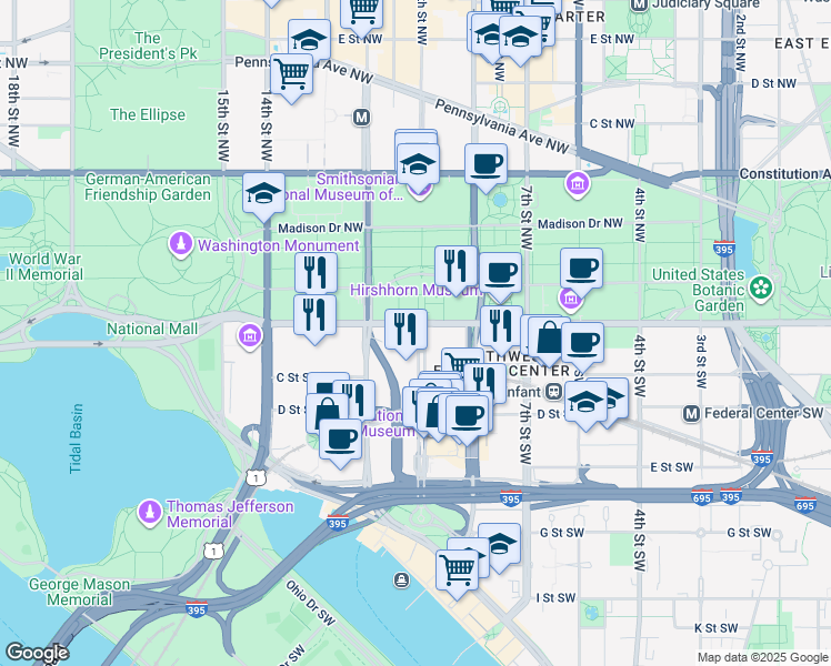 map of restaurants, bars, coffee shops, grocery stores, and more near 101 Independence Avenue Southeast in Washington