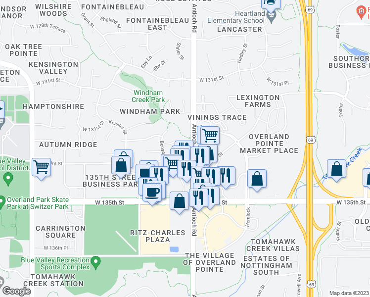 map of restaurants, bars, coffee shops, grocery stores, and more near 8714 West 132nd Place in Overland Park