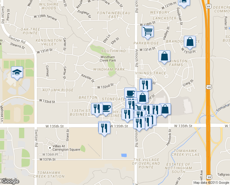 map of restaurants, bars, coffee shops, grocery stores, and more near 13209 Benson Street in Overland Park
