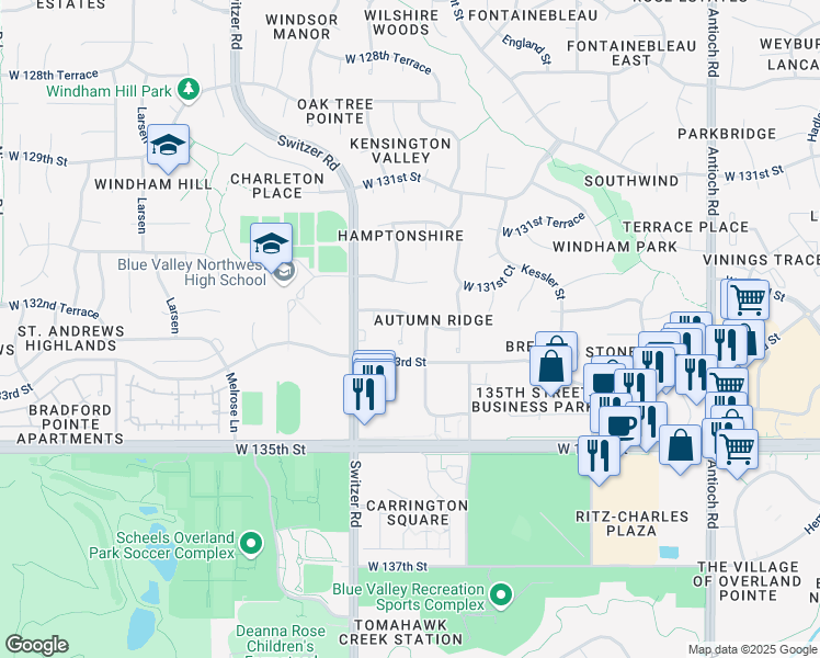 map of restaurants, bars, coffee shops, grocery stores, and more near 9751 West 132nd Terrace in Overland Park