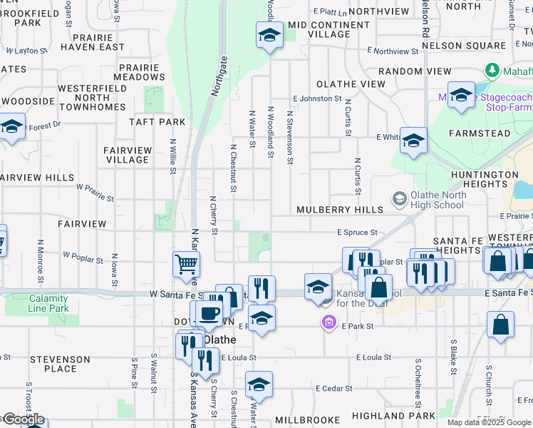 map of restaurants, bars, coffee shops, grocery stores, and more near 433 North Woodland Street in Olathe