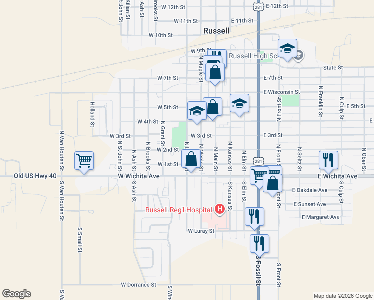 map of restaurants, bars, coffee shops, grocery stores, and more near 301 West 2nd Street in Russell