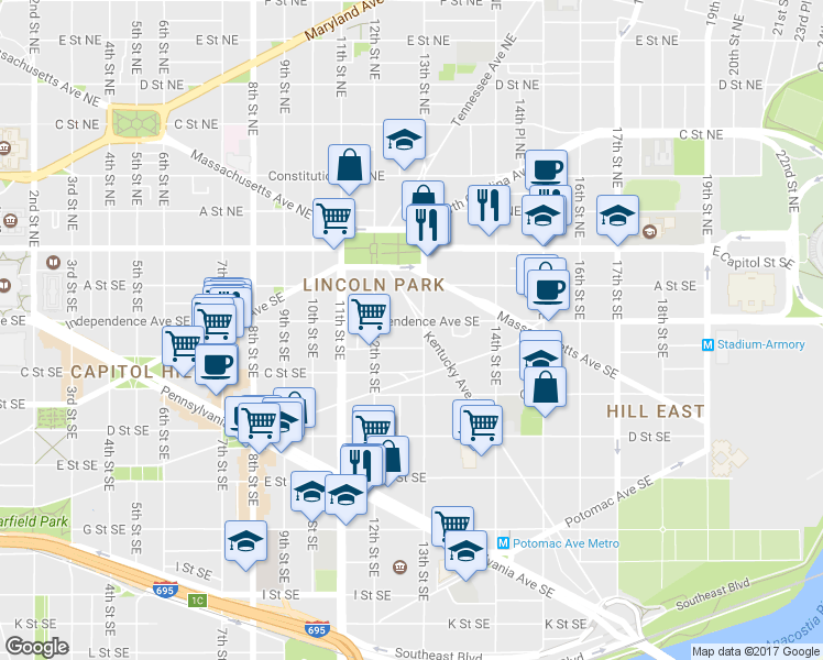 map of restaurants, bars, coffee shops, grocery stores, and more near 1241 Independence Avenue Southeast in Washington