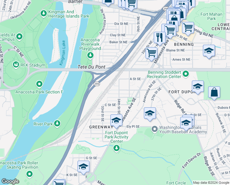 map of restaurants, bars, coffee shops, grocery stores, and more near 3321 B Street Southeast in Washington