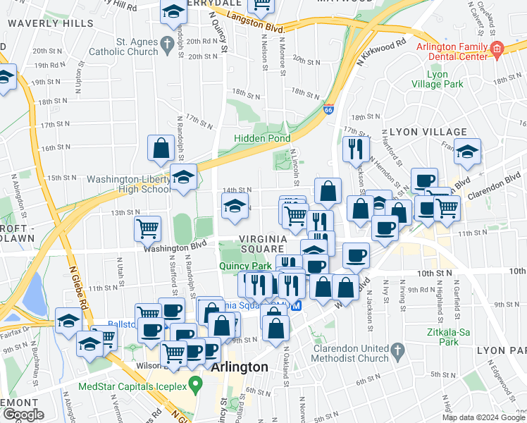 map of restaurants, bars, coffee shops, grocery stores, and more near 1215 North Nelson Street in Arlington