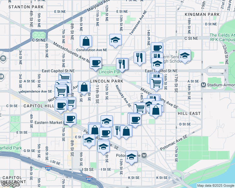 map of restaurants, bars, coffee shops, grocery stores, and more near 1241 Independence Avenue Southeast in Washington