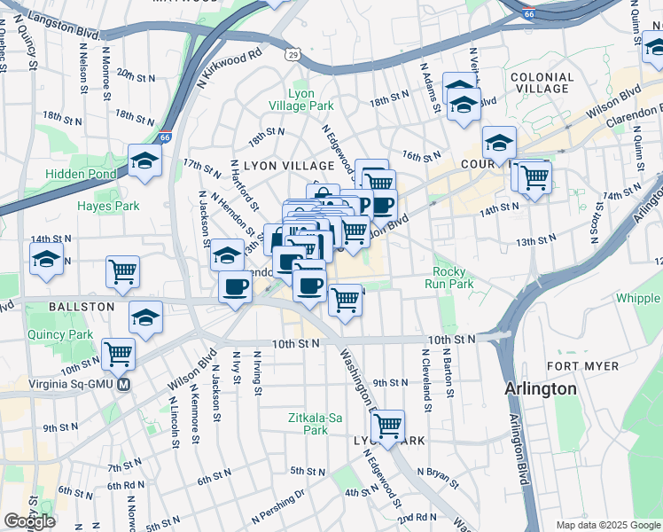 map of restaurants, bars, coffee shops, grocery stores, and more near 1220 North Fillmore Street in Arlington