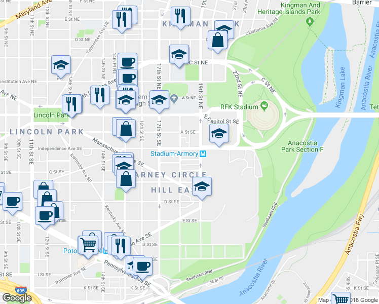 map of restaurants, bars, coffee shops, grocery stores, and more near 1821 Independence Avenue Southeast in Washington