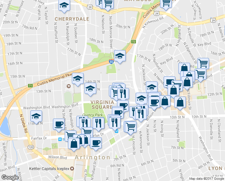 map of restaurants, bars, coffee shops, grocery stores, and more near 3500 13th Street North in Arlington