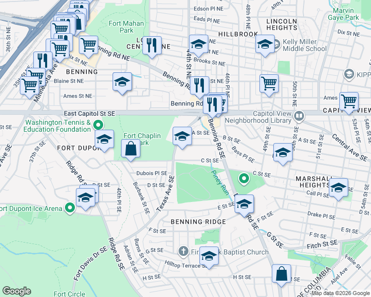 map of restaurants, bars, coffee shops, grocery stores, and more near 4050 B Street Southeast in Washington