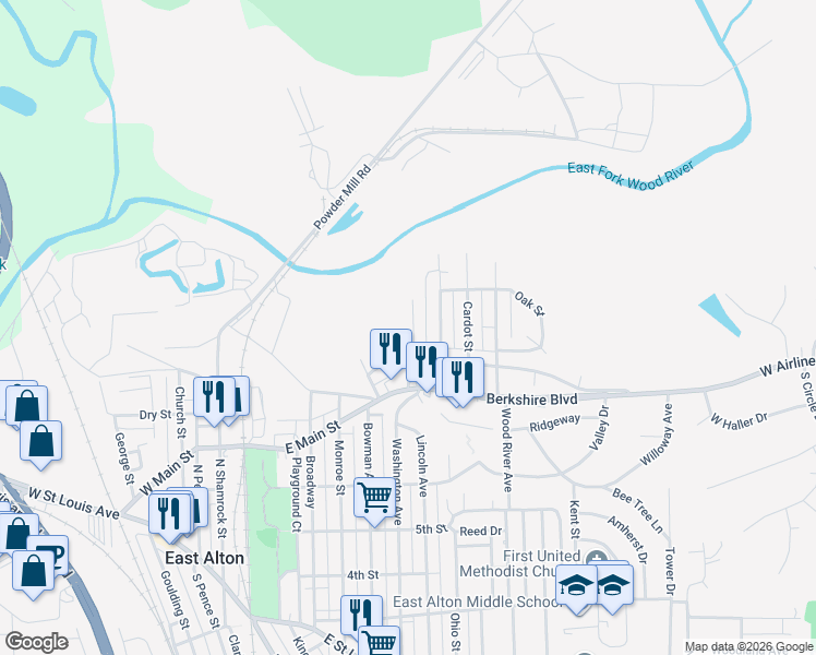map of restaurants, bars, coffee shops, grocery stores, and more near 223 Lakeside Avenue in East Alton