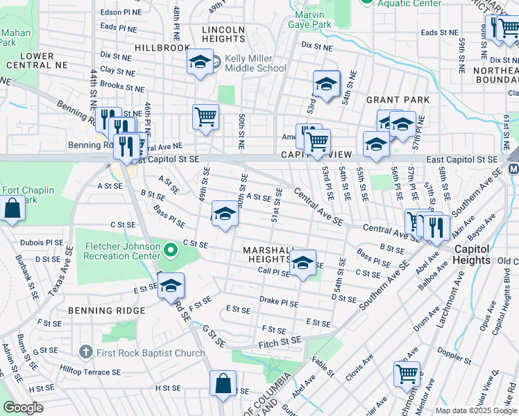 map of restaurants, bars, coffee shops, grocery stores, and more near 5036 Astor Place Southeast in Washington