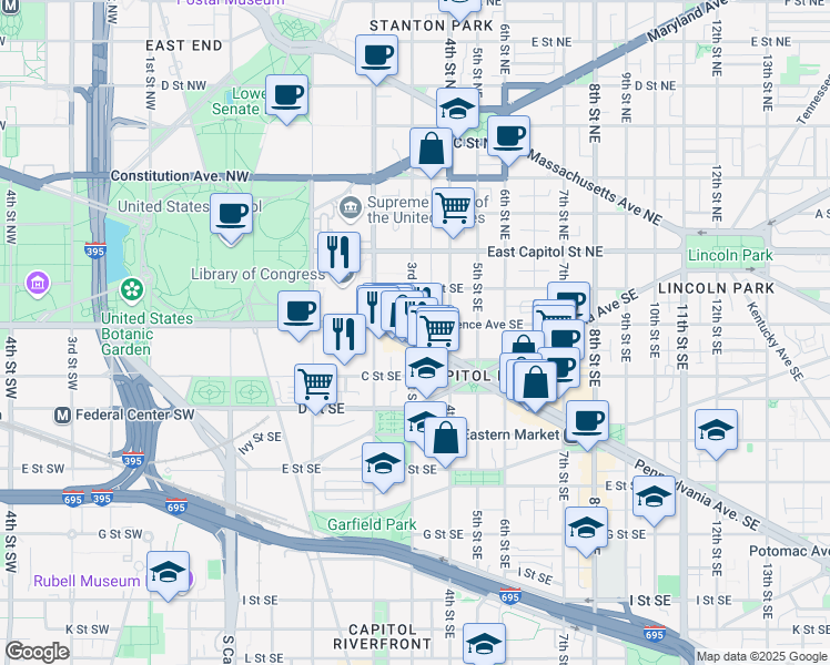 map of restaurants, bars, coffee shops, grocery stores, and more near 200 3rd Street Southeast in Washington