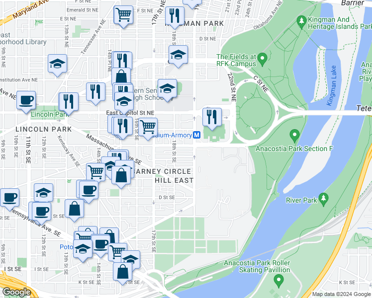 map of restaurants, bars, coffee shops, grocery stores, and more near 1827 Independence Avenue Southeast in Washington