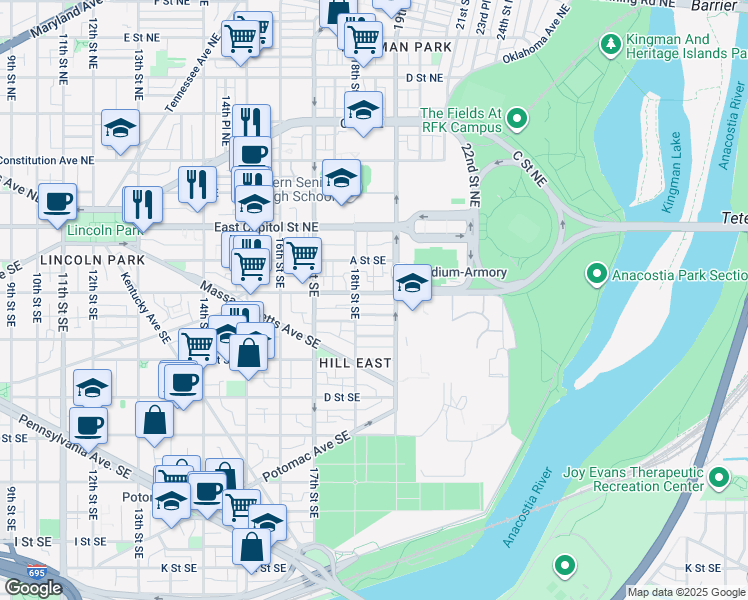 map of restaurants, bars, coffee shops, grocery stores, and more near 1821 Independence Avenue Southeast in Washington