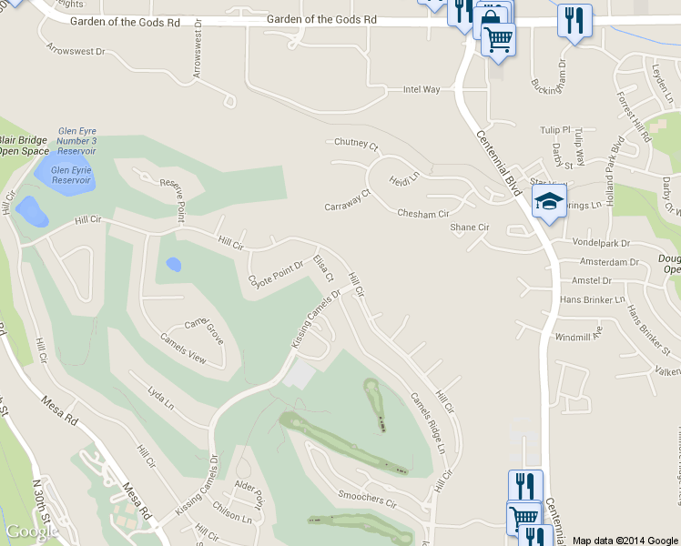 map of restaurants, bars, coffee shops, grocery stores, and more near 3925 Elisa Court in Colorado Springs