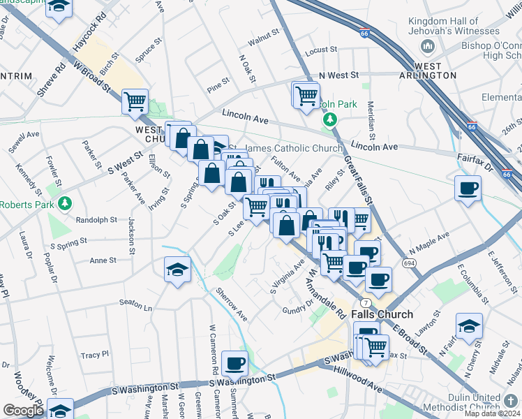 map of restaurants, bars, coffee shops, grocery stores, and more near 502 West Broad Street in Falls Church