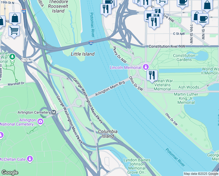 map of restaurants, bars, coffee shops, grocery stores, and more near 2912 Independence Avenue Southwest in Washington