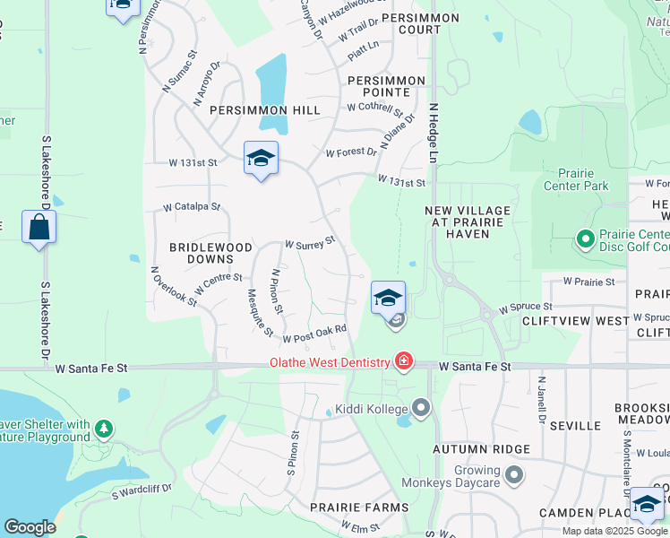 map of restaurants, bars, coffee shops, grocery stores, and more near 2304 Persimmon Circle in Olathe