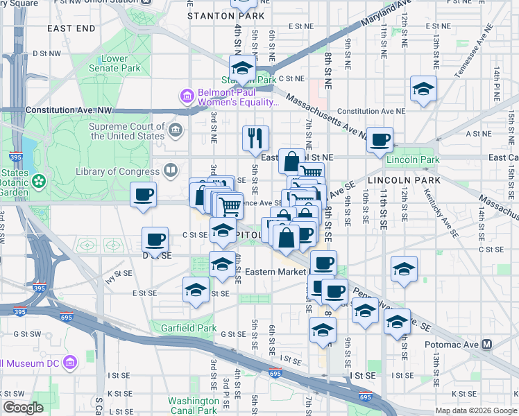 map of restaurants, bars, coffee shops, grocery stores, and more near 101 Independence Avenue Southeast in Washington
