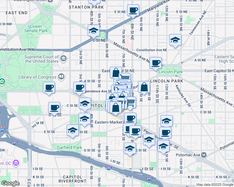 map of restaurants, bars, coffee shops, grocery stores, and more near 640 North Carolina Avenue Southeast in Washington