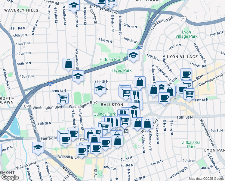 map of restaurants, bars, coffee shops, grocery stores, and more near 1215 North Nelson Street in Arlington