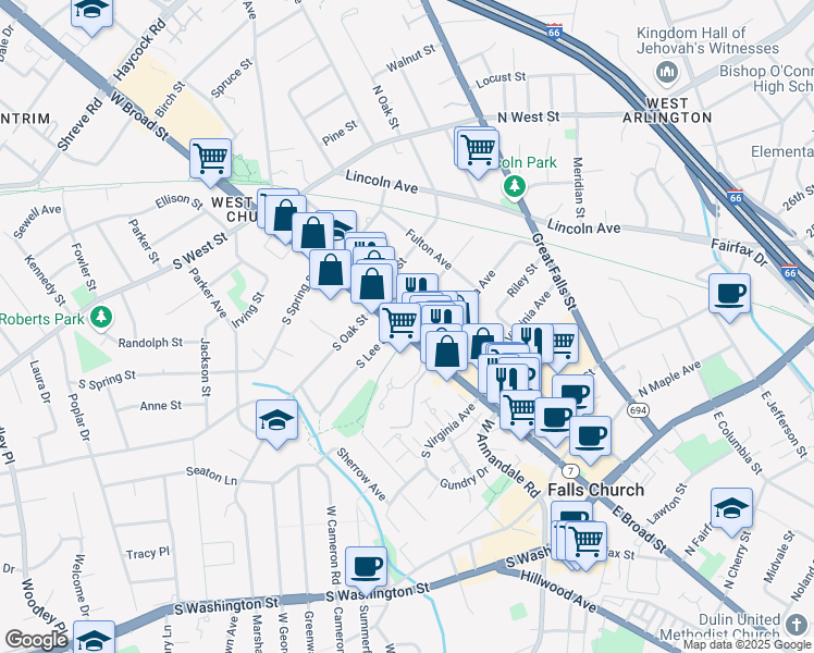 map of restaurants, bars, coffee shops, grocery stores, and more near 502 West Broad Street in Falls Church