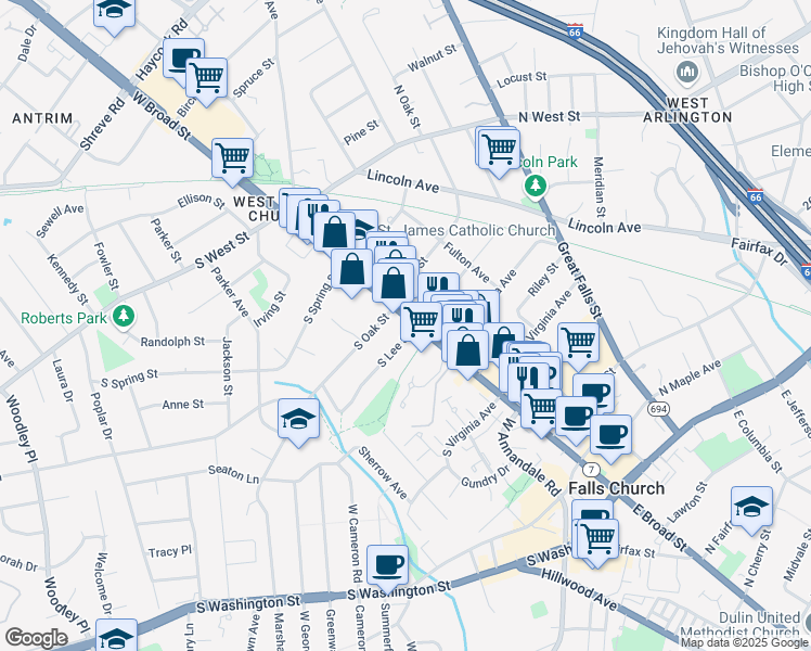 map of restaurants, bars, coffee shops, grocery stores, and more near 701 West Broad Street in Falls Church