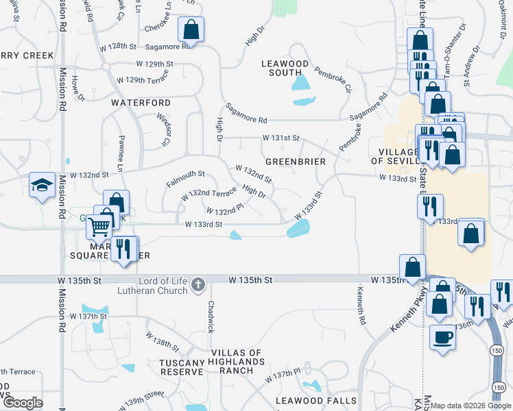 map of restaurants, bars, coffee shops, grocery stores, and more near 13281 Fairway Street in Leawood