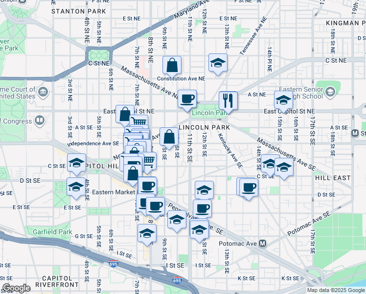 map of restaurants, bars, coffee shops, grocery stores, and more near 101 Independence Avenue Southeast in Washington