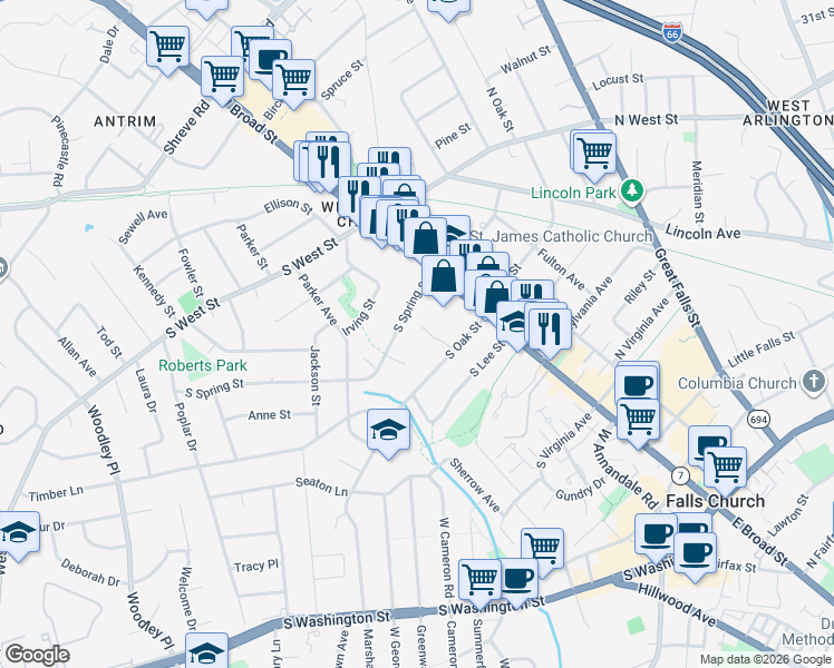map of restaurants, bars, coffee shops, grocery stores, and more near 109 Hillier Street in Falls Church