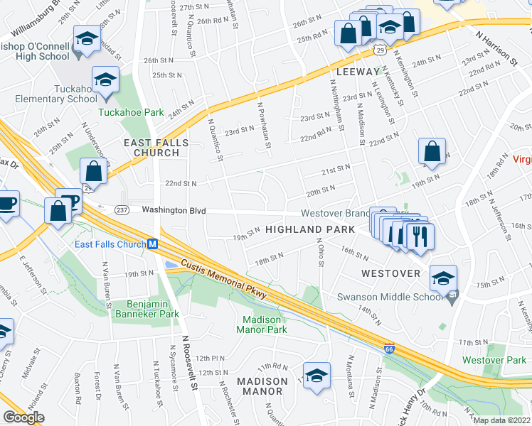 map of restaurants, bars, coffee shops, grocery stores, and more near Washington Blvd & N Potomac St in Arlington